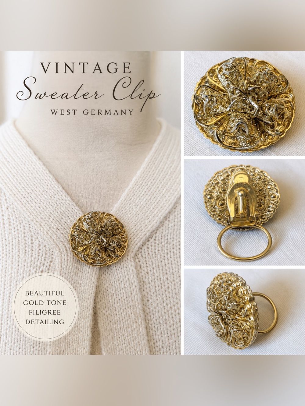 Vintage West Germany Gold Tone Filigree Scarf Clip / Sweater Guard